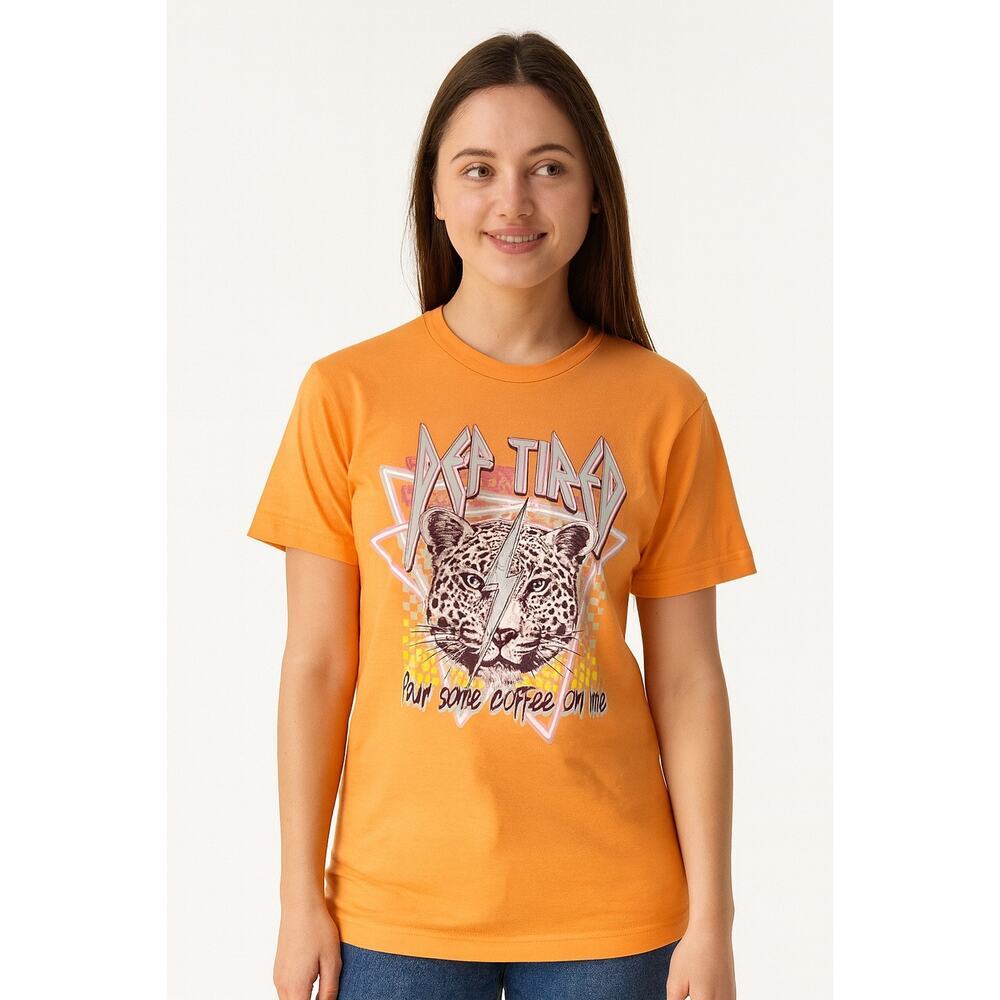 Tultex DEF TIRED Leopard Graphic Tee Orange Coffee Quote Shirt‎ Sz Small NEW